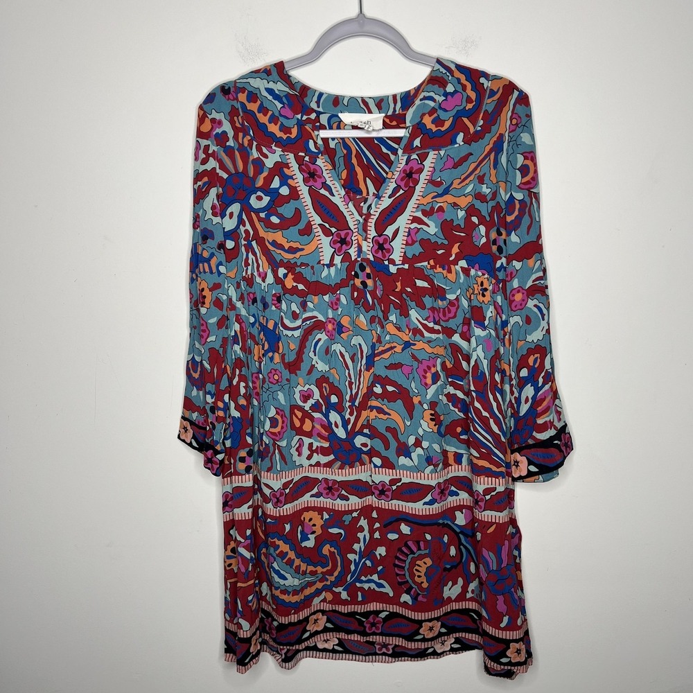 Ba&sh Dress Womens XL US 10 Blue Multicolor Floral Boho‎ 3/4 Sleeve V Neck Tunic